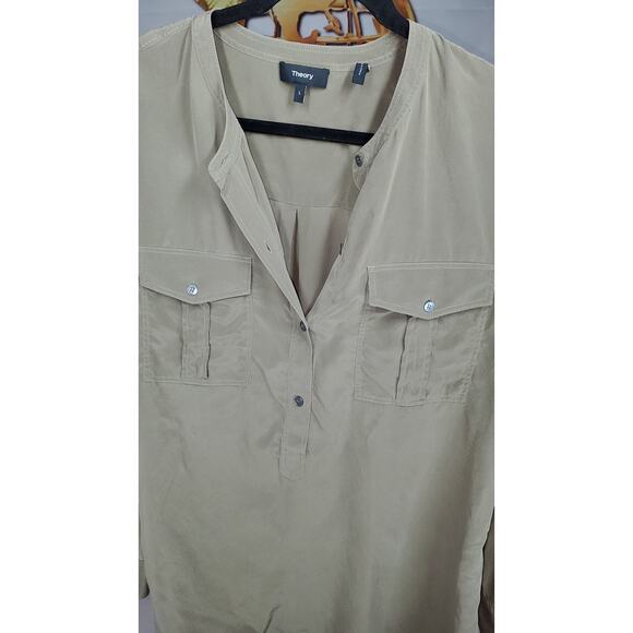 Theory Silk Brown Button Down Blouse Long Sleeve Utility Style Top Size L - Picture 5 of 7